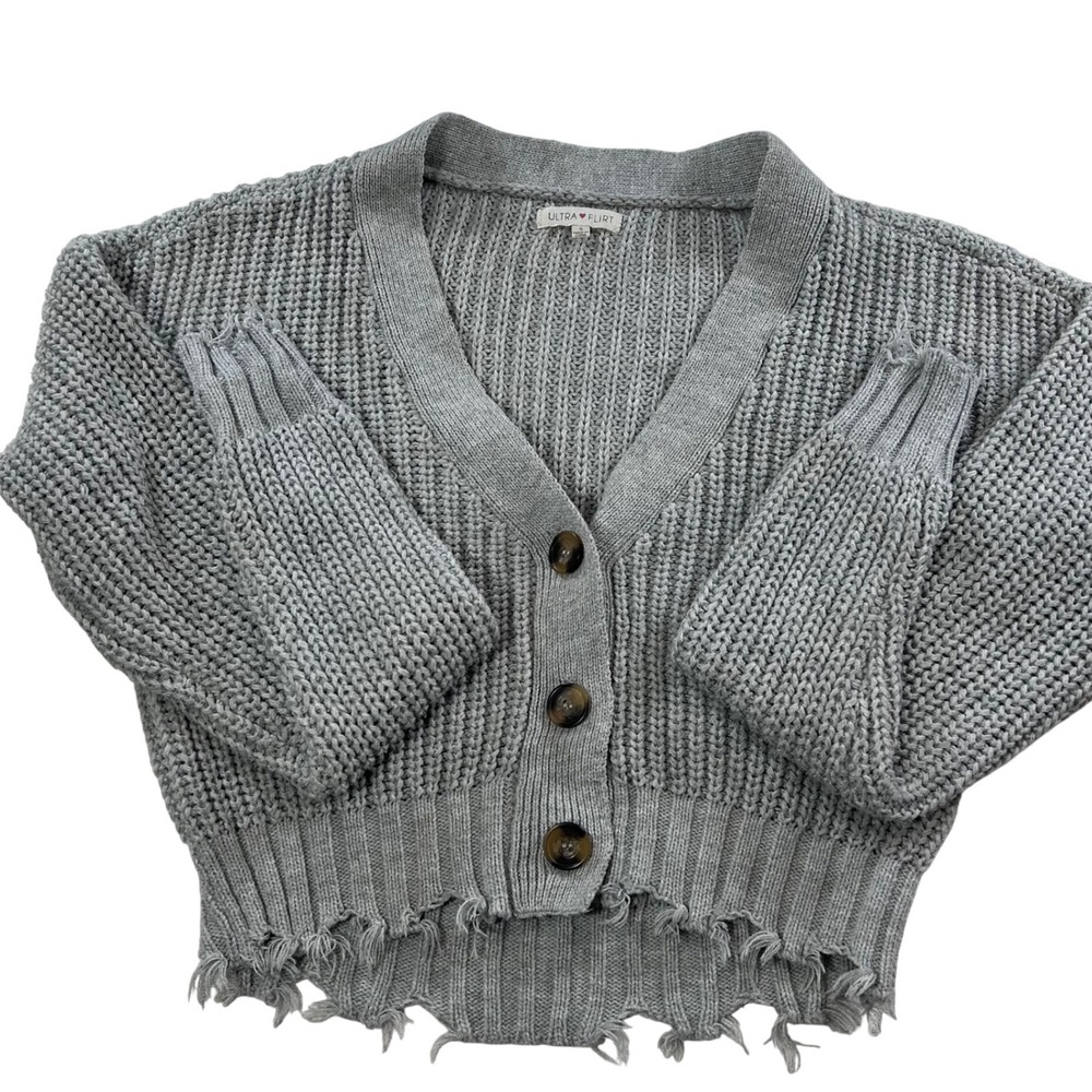 Ultra Flirt Womens Grey Distressed Cropped Chunky Knit Cardigan Sweater S Grunge